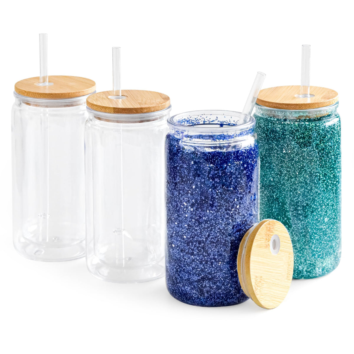 FECBK 4 Pack Acrylic Snow Globe Tumbler with Bamboo Lids and Straws 16 oz Plastic Snowglobe Tumbler with Pre Drilled Hole Clear Double Wall Snowglobe Cups for Snow Globe Glitter DIY