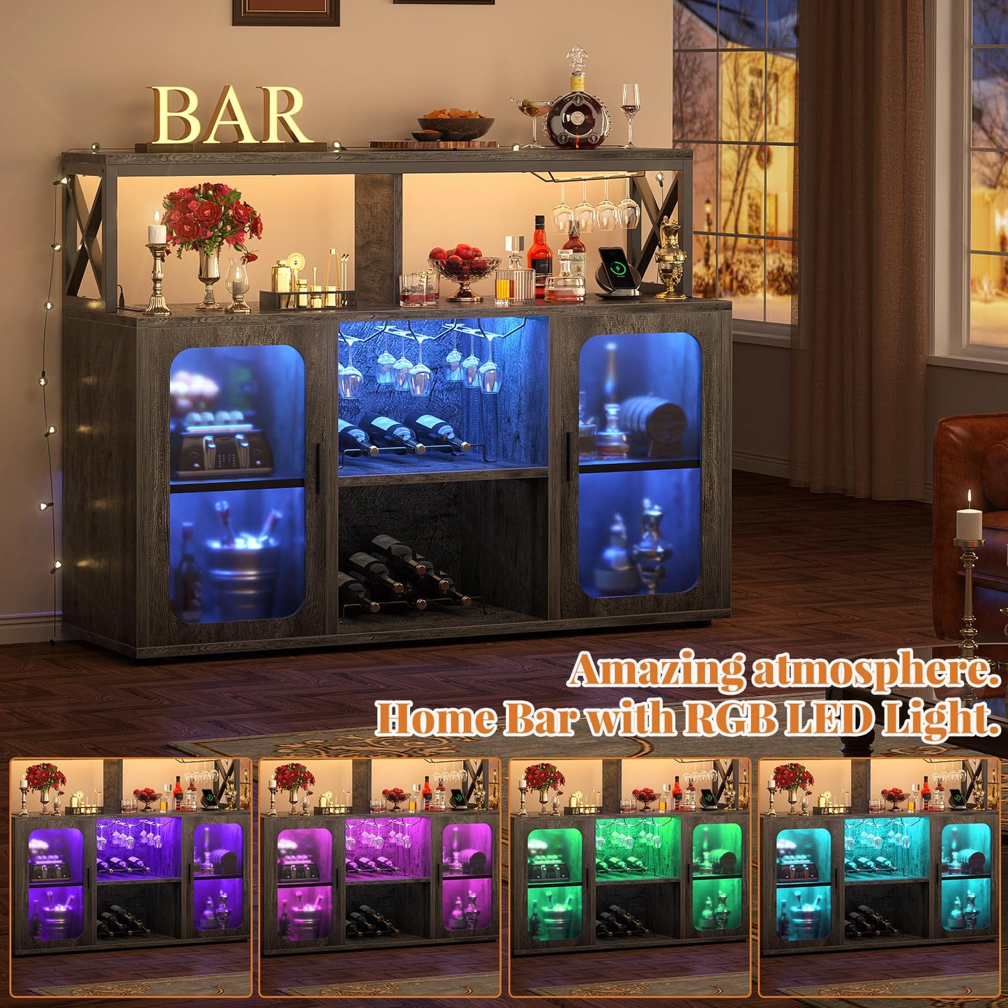 Aheaplus Bar Cabinet with Power Outlets, Liquor Cabinet with Led Lights and Glass Holder, Storage Buffet Cabinet Coffee Bar Cabinet for Liquor, Wine Cabinet with Racks for Home, Kitchen, Grey Oak