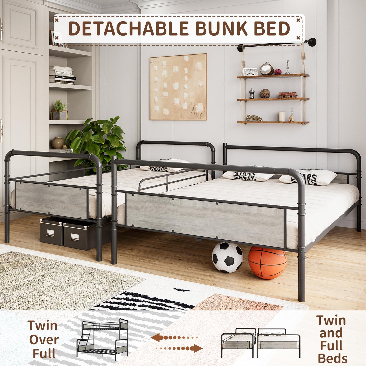 GarveeHome Metal Bunk Bed Twin Over Full Size with Angled Ladder, High Guardrail, Heavy Duty Bunk Bed Frame with Metal Slats, Smooth Rounded Edges, for Kids, Teens, Adults, Black+Grey
