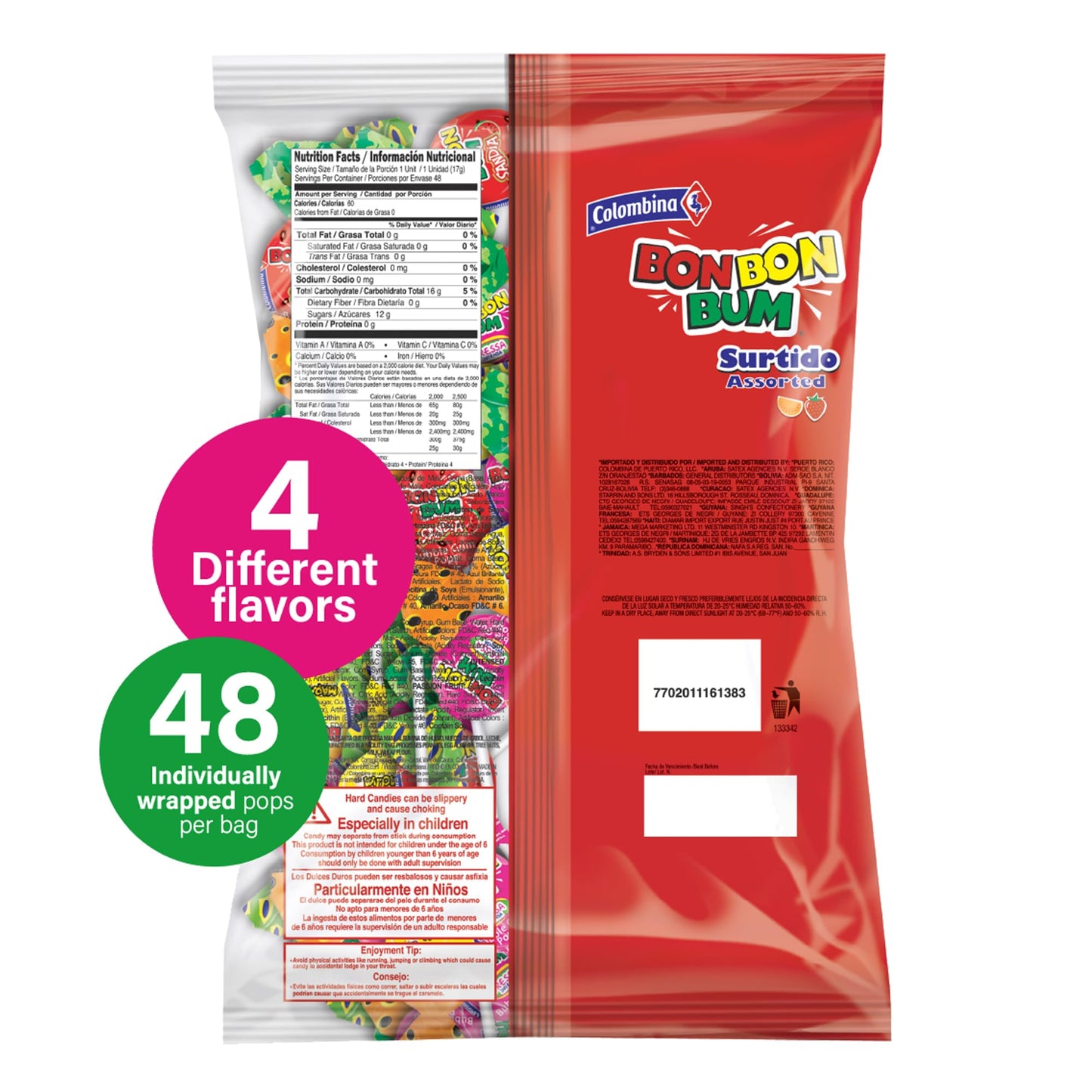 Colombina Bon Bon Bum Lollipops, Assorted Flavor, 48 Count (Pack of 1)