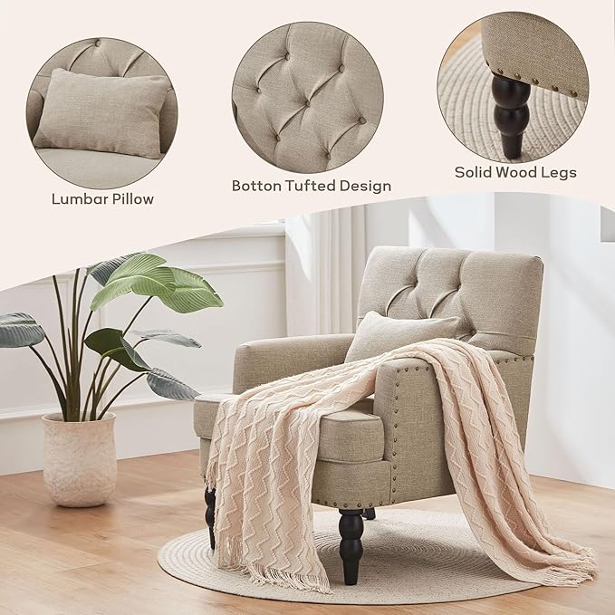 HUIMO Tufted Club Chair Set of 2 with Lumbar Pillow,Accent Chair Upholstered Button Armchair, Linen Fabric Sofa Chairs for Bedroom, Living Room, Mid Century Modern Reading Chair,Brown