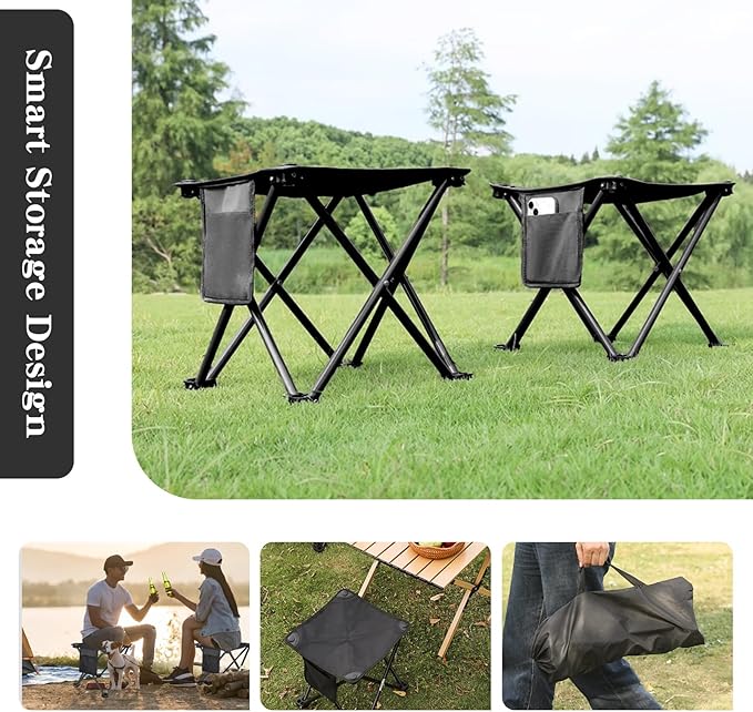 ZHIYUEJING Folding Camping Footrest, 13-Inch Camping Stool with Carrying Pouch and Side Pockets for Picnic, Beach, Fishing, Hiking, Black