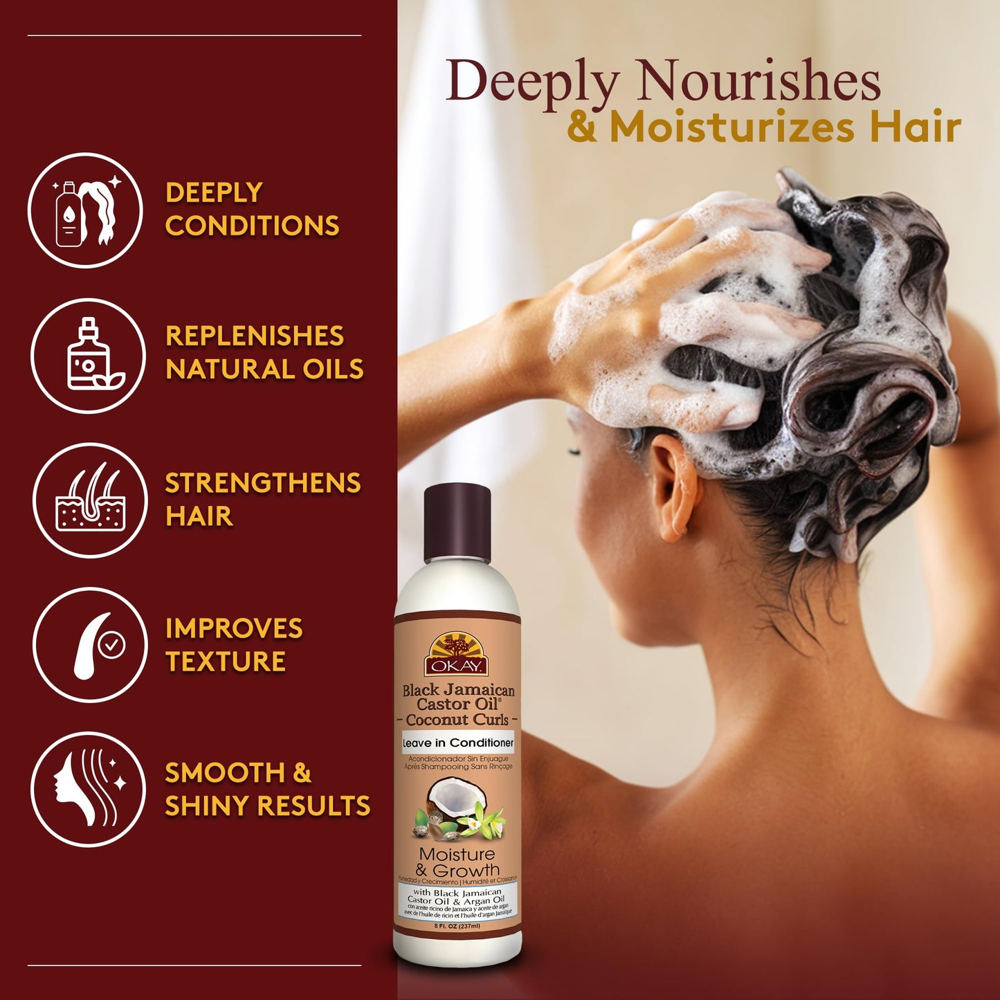 OKAY Black Jamaican Castor Oil Leave In Conditioner - Hair Moisturizer for Women and Men, Natural Hair Product for Hair Growth,