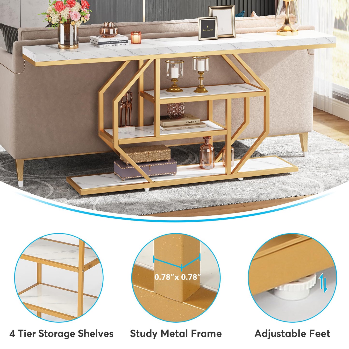 Tribesigns 70.9 inch Extra Long Console Table, Modern Gold Sofa Table Behind Couch with Storage, 4 Tier Entryway Accent Table for Living Room, Hallway, Entrance, Faux Marble White