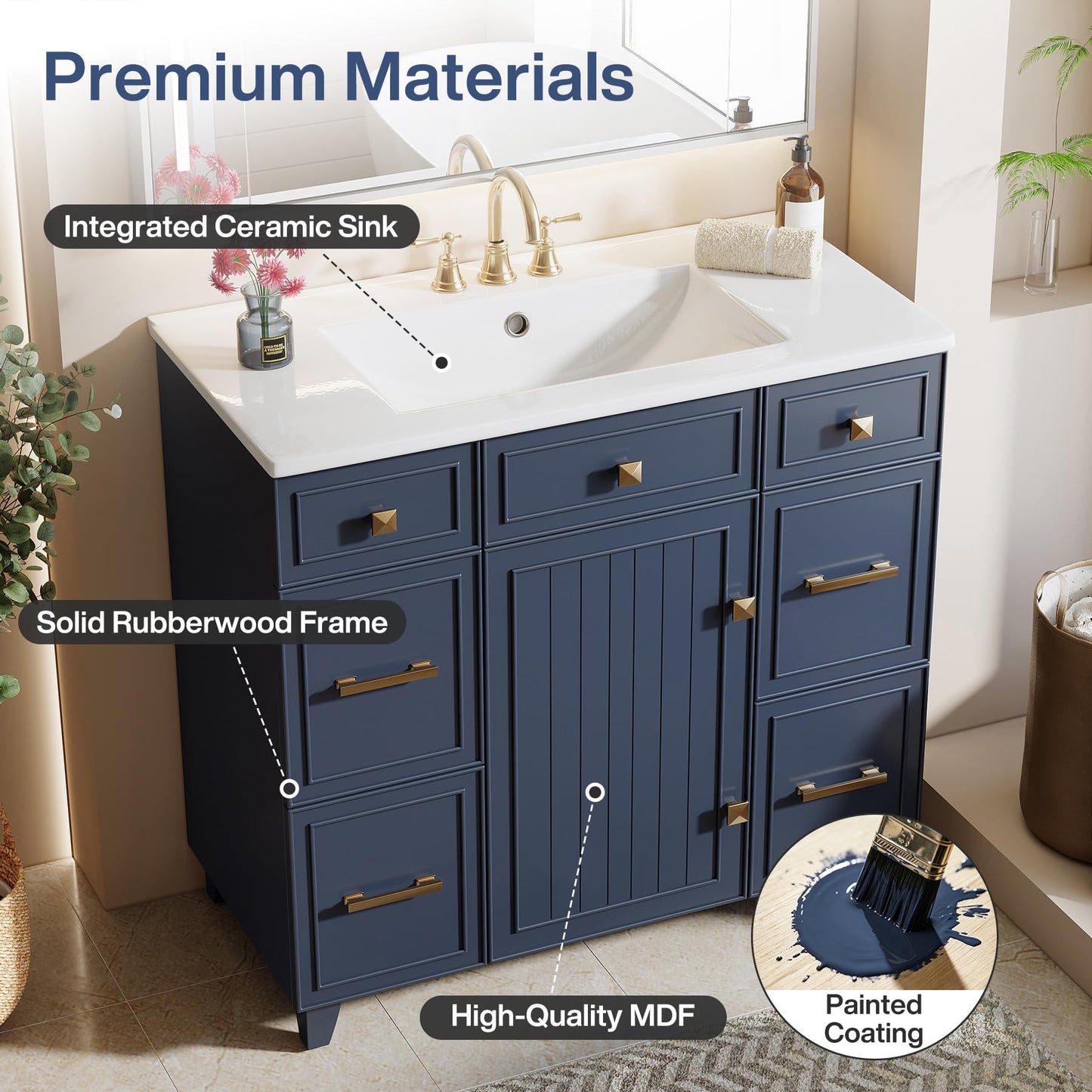 Tribesigns 36 Inch Bathroom Vanity with Sink, Modern Bathroom Cabinet with Soft-Closing Door & 4 Drawers, Adjustable Shelf, Solid Wood Frame Bath Storage Vanity Sink with Metal Handles, Navy Blue
