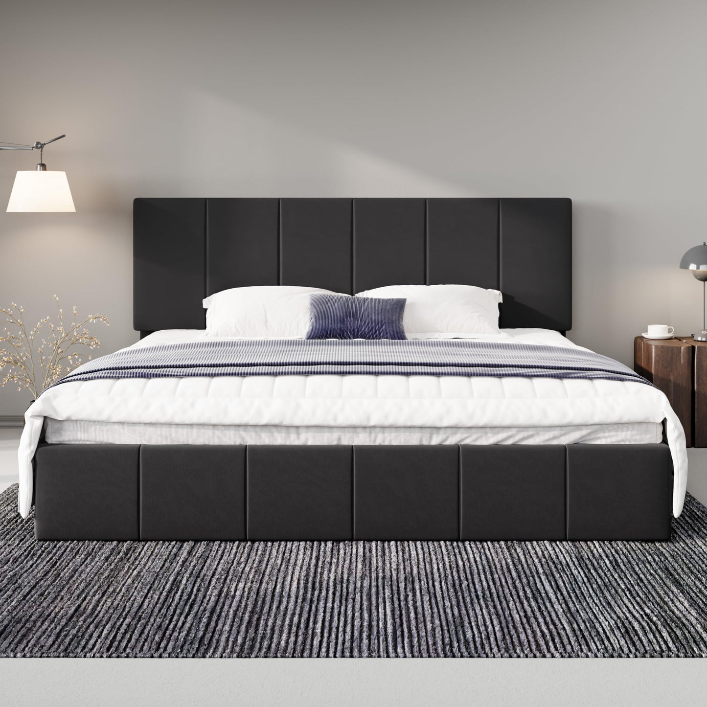 Allewie King Size Dutch Velvet Upholstered Platform Bed Frame/Vertical Channel Tufted Adjustable Headboard/Low Profile Bed Frame/No Box Spring Needed/Easy Assembly/Black