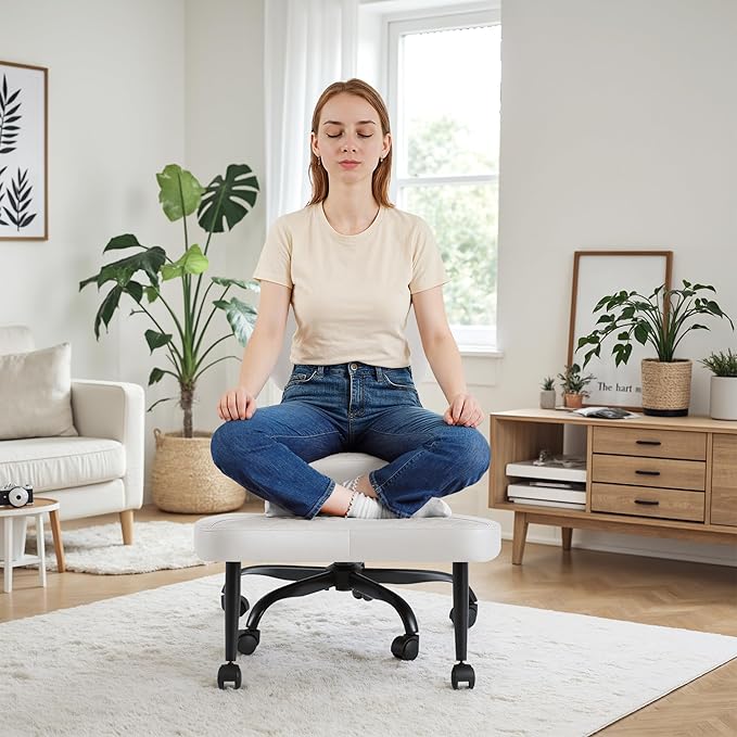 Homall Ergonomic Cross Legged Office Desk Chair with Wheels, 360° Swivel and Adjustable Height for Meditation and ADHD,Criss Cross Kneeling Chair with Lumbar Support (Leather, White)