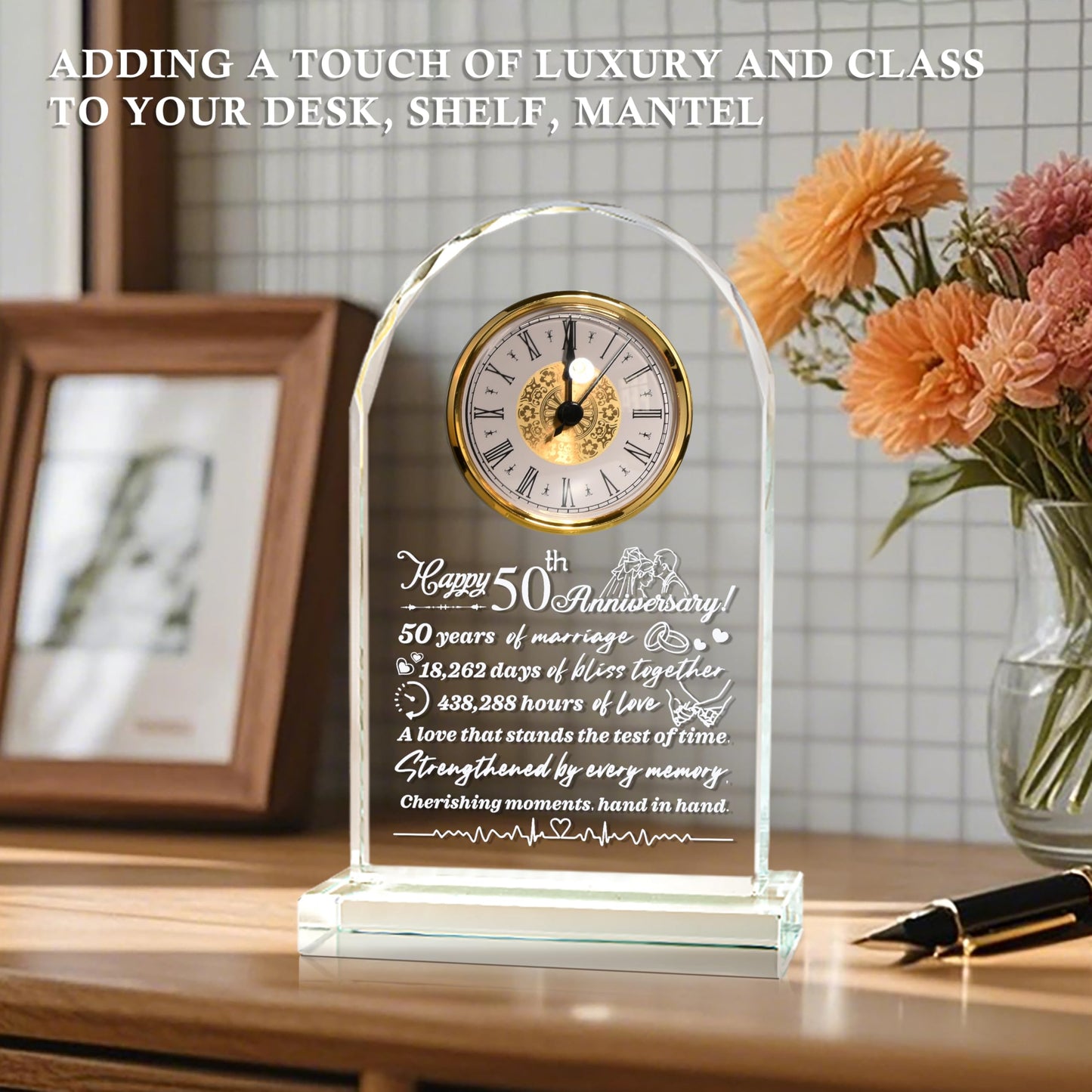 QIANCHANG 50th Anniversary Crystal Quartz Clock: Gift for Parents, 50th Anniversary Delicate Golden Clock, 50th Anniversary Decorative Gift