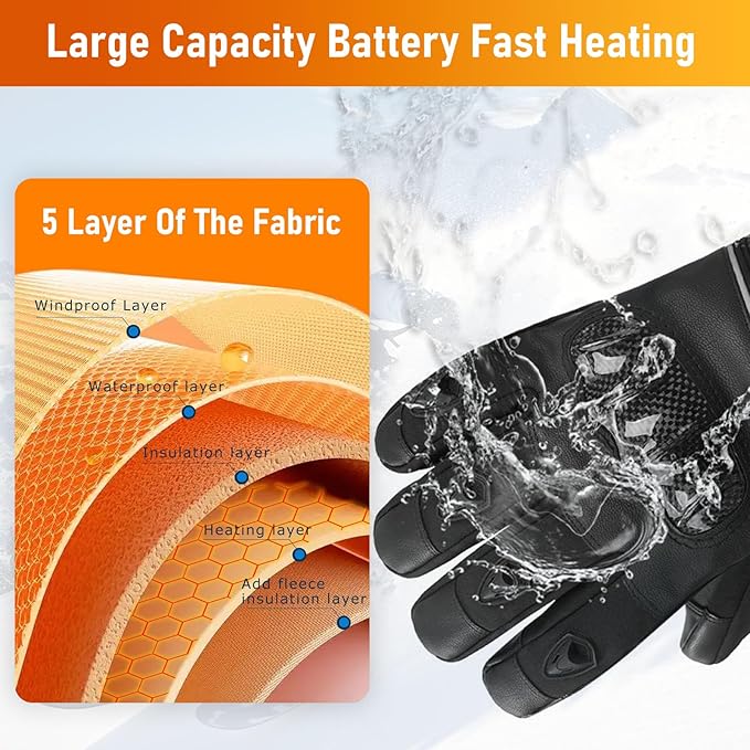 Heated Motorcycle Gloves for Men Women, 5V 5000mAh Rechargeable Battery, Upgraded Waterproof Windproof Non-Slip & Touchscreen Compatible, for Motorcycle Riding, Skiing, Hiking, Fishing, Hunting