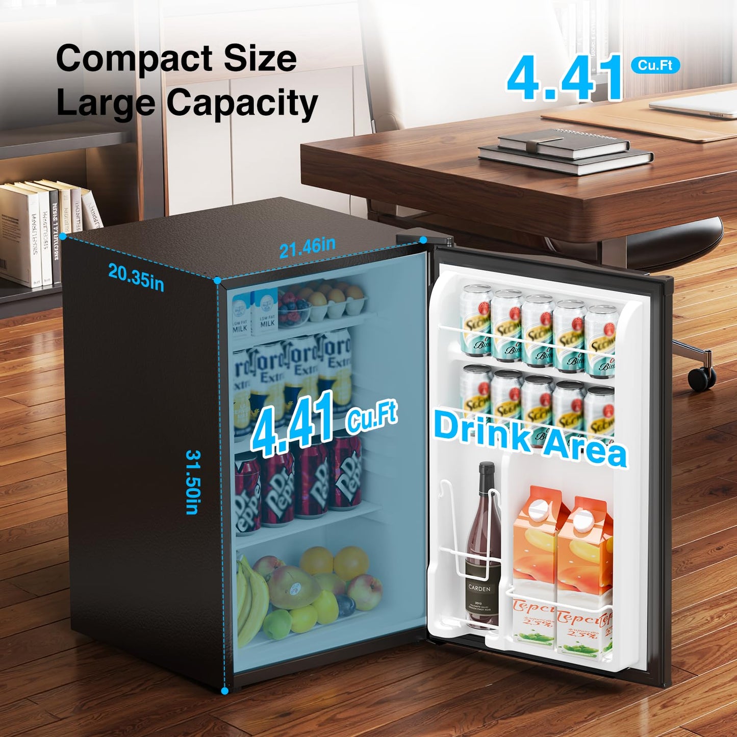 Kismile 4.41 Cu Ft Compact Refrigerator Single Door Mini Fridge with 7 Adjustable Thermostat, Glass Shelves, Quiet & Energy Efficient Small Refrigerator for Bedroom, Office, Dorm, Apartment, Black
