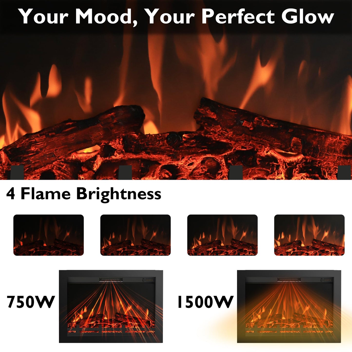 Rodalflame 25.3" Back Width Electric Fireplace Insert with 4 Flames Brightness & 750/1500W, Overheat Protection, No Glass Design