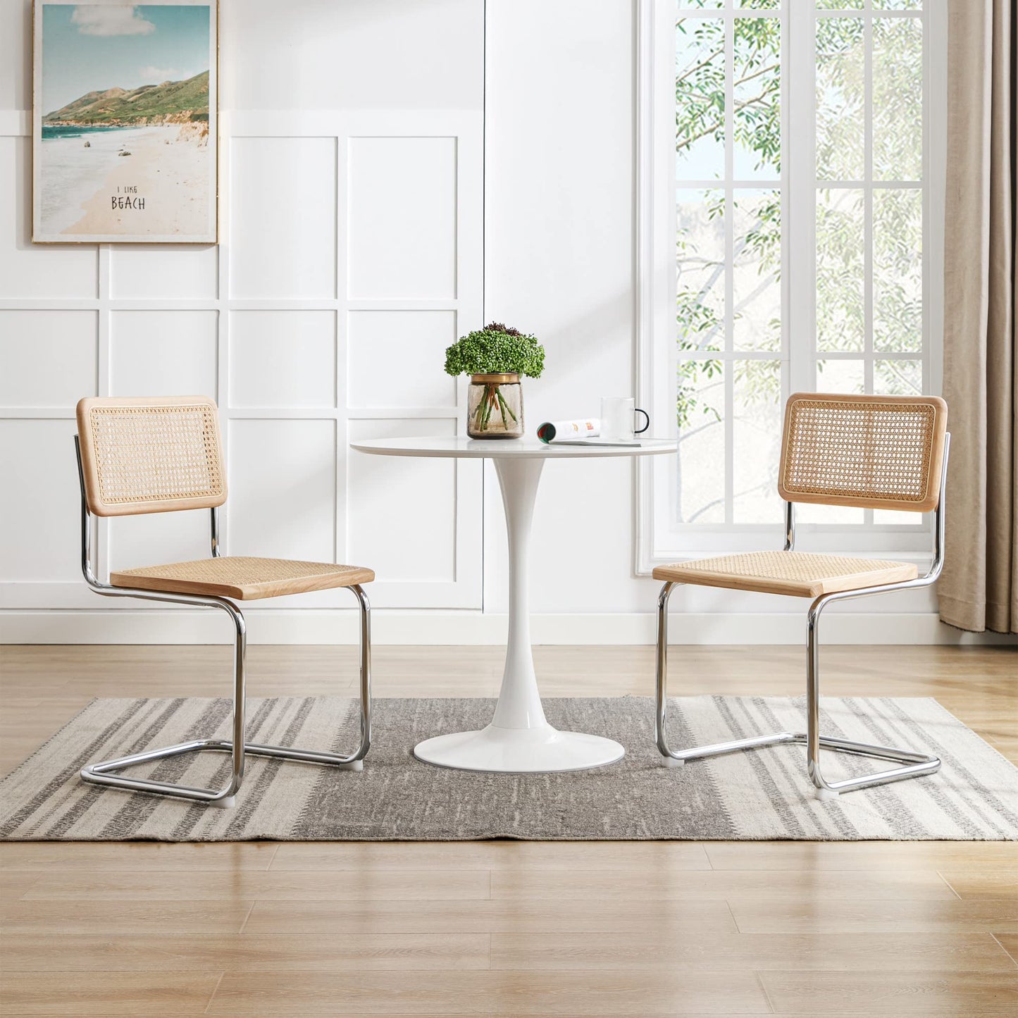 Flouki Rattan Dining Chairs Set of 4, Boho Accent Chairs for Kitchen Room with Natural Cane Mesh, Mid Century Cantilever Design, Undyed Solid Wood
