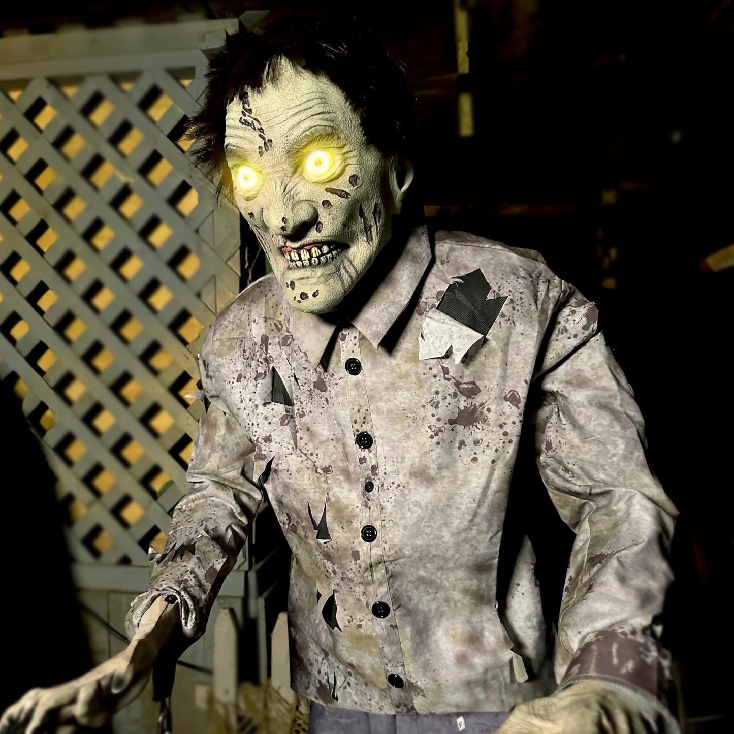 Haunted Hill Farm Motion-Activated 6-Ft. Tall Guard Zombie, Plug-in Scare Prop Animatronic with Spooky Sound Effects and Lights for Indoor or Covered Outdoor Creepy Halloween Decoration