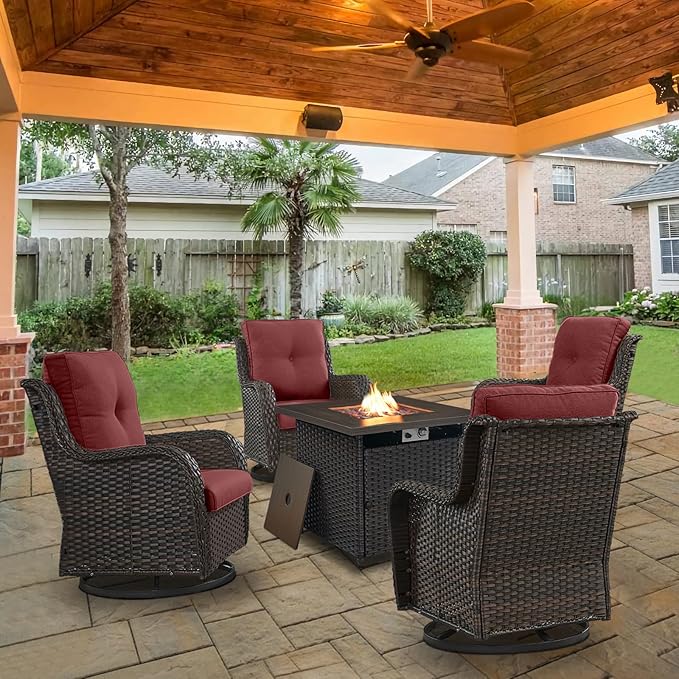 Belord 5 Pieces Patio Wicker Furniture Set - 4 Outdoor Swivel Rocker Glider Chairs with 50000BTU Propane Fire Pit Table, Warm Patio Conversation Set Red Cushion Perfect for Casual Gathering