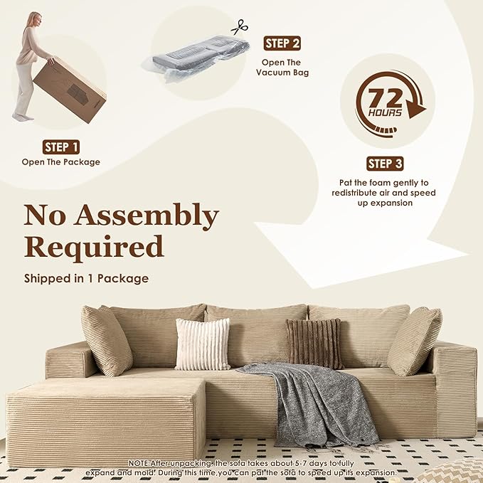 INGEROOM 108" Cloud Sectional Couch with L-Shape Chaise, Modular Sofa Memory Foam, Boneless Sofa with Movable Ottoman, Plush Corduroy Memory Foam Couch for Living Room, No Assembly, Beige Taupe