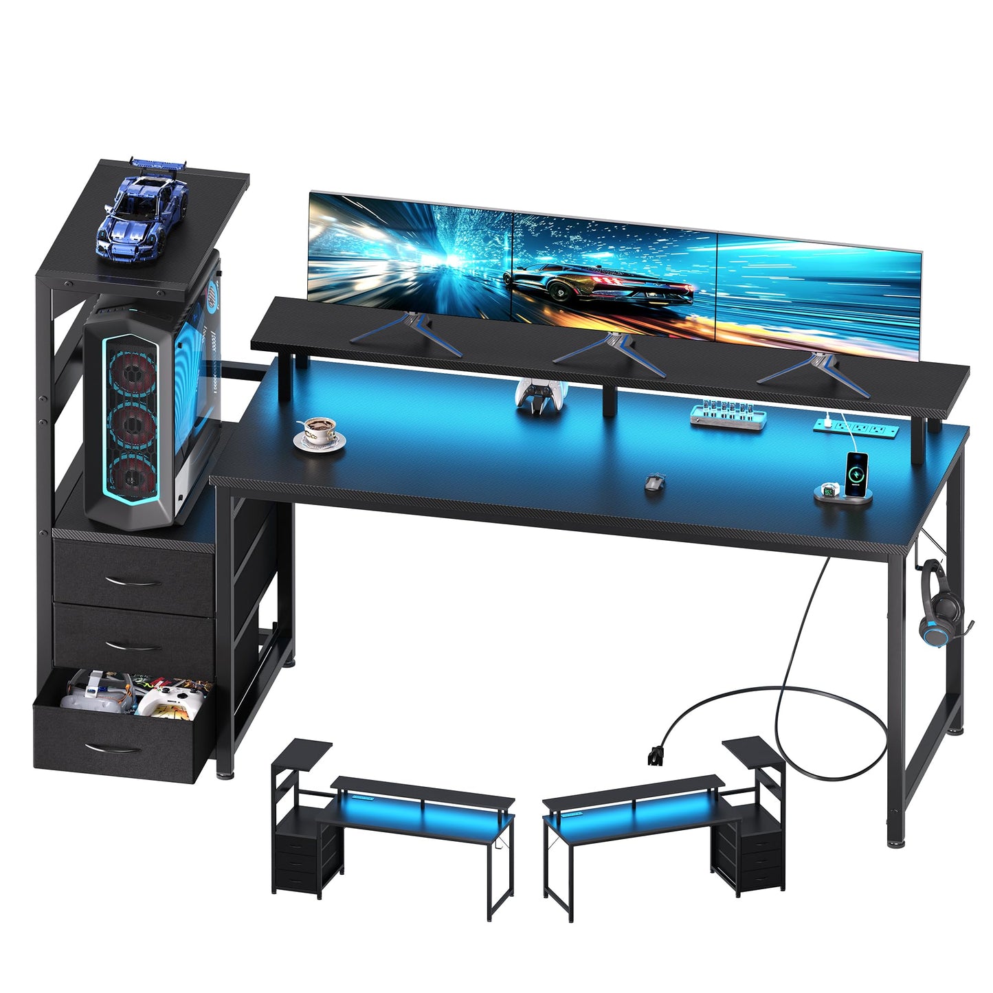 DUMOS L Shaped Gaming Desk with Shelves Storage Drawers 58'', Black Computer Desks with LED Lights Power Outlets, Office Wood Table with PC Stand Cable Management for Bedroom Dual Monitor Streaming