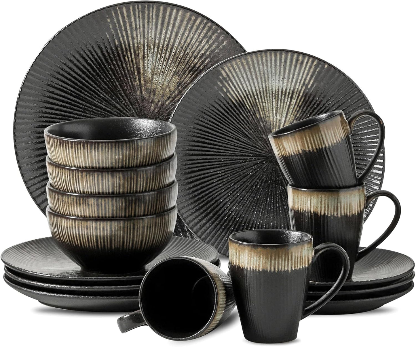 KOOV Ceramic Dinnerware Set of 16, Plates, Bowls, Cups & Dessert Plates for Party, Microwave & Dishwasher Safe, Stripe Series (Rough Black)