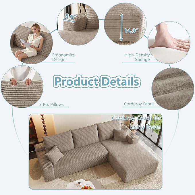 95" Cloud Sectional Couch with L-Shape Chaise, Modern Corduroy Boneless Couch for Living Room,Memory Foam Sofa with Deep Seat,No Assembly Required (Dark Camel,Right-Facing Chaise)
