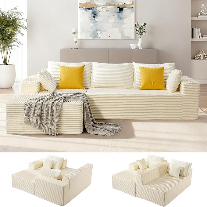 UMBFUN 110" Cloud Sectional Couch for Living Room, Boneless Couch with L-Shape Chaise, Modular Sectional Sofa with Deep Seat, Oversized Modular Sofa for Bedroom, No Assembly Required, Corduroy