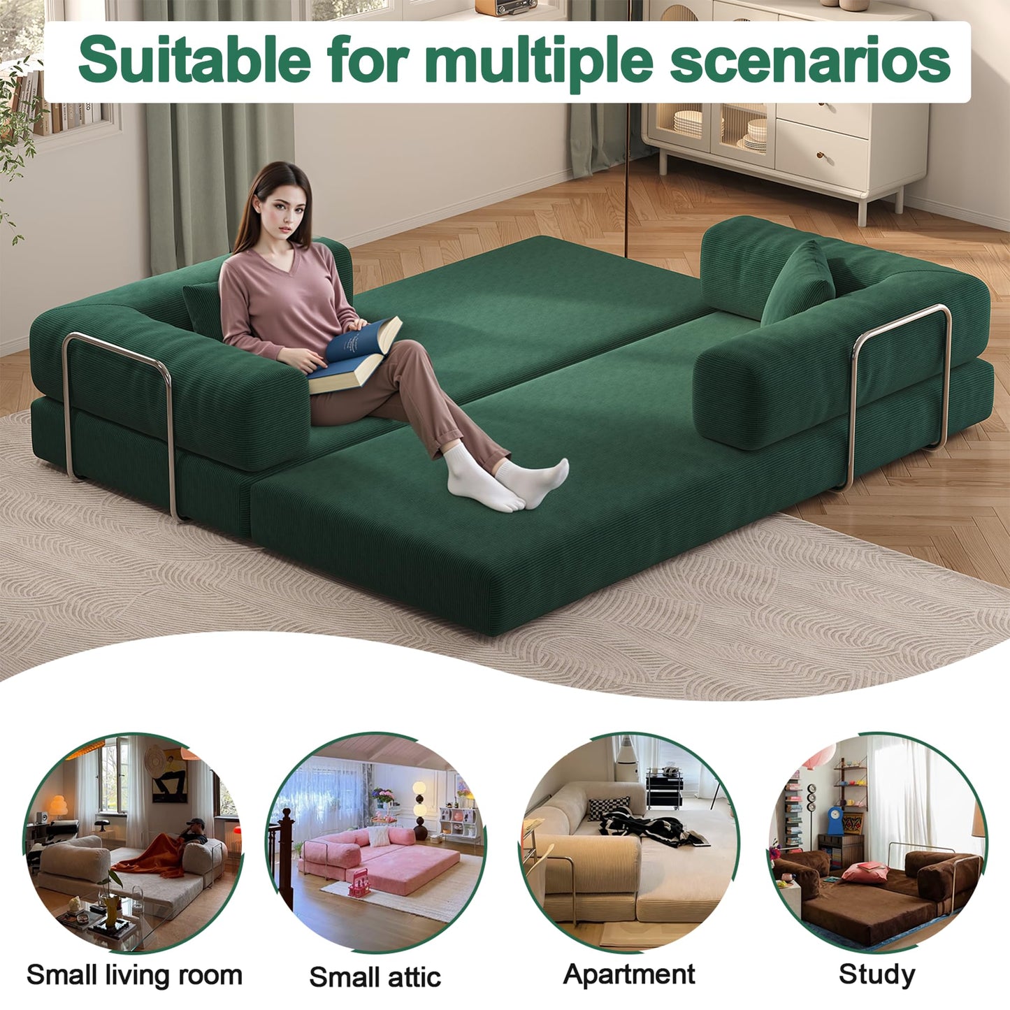 Carzzi-Life 79" Convertible Sofa Bed with Pillows, Corduroy Folding Sleeper Sofa with Fixed-Shape Frame, Boneless Couch for Living Room Bedroom, Floor Sofa Lounge No Assembly Required (Green)
