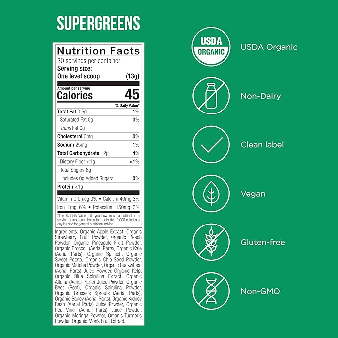 Possible SuperGreens - Superfoods Powder Mix with 23 Whole Food Ingredients - Vegan, Organic, Plant-Based Wellness - Gluten-Free, USDA Organic - Clean Label - 1 Bag, 30 Servings