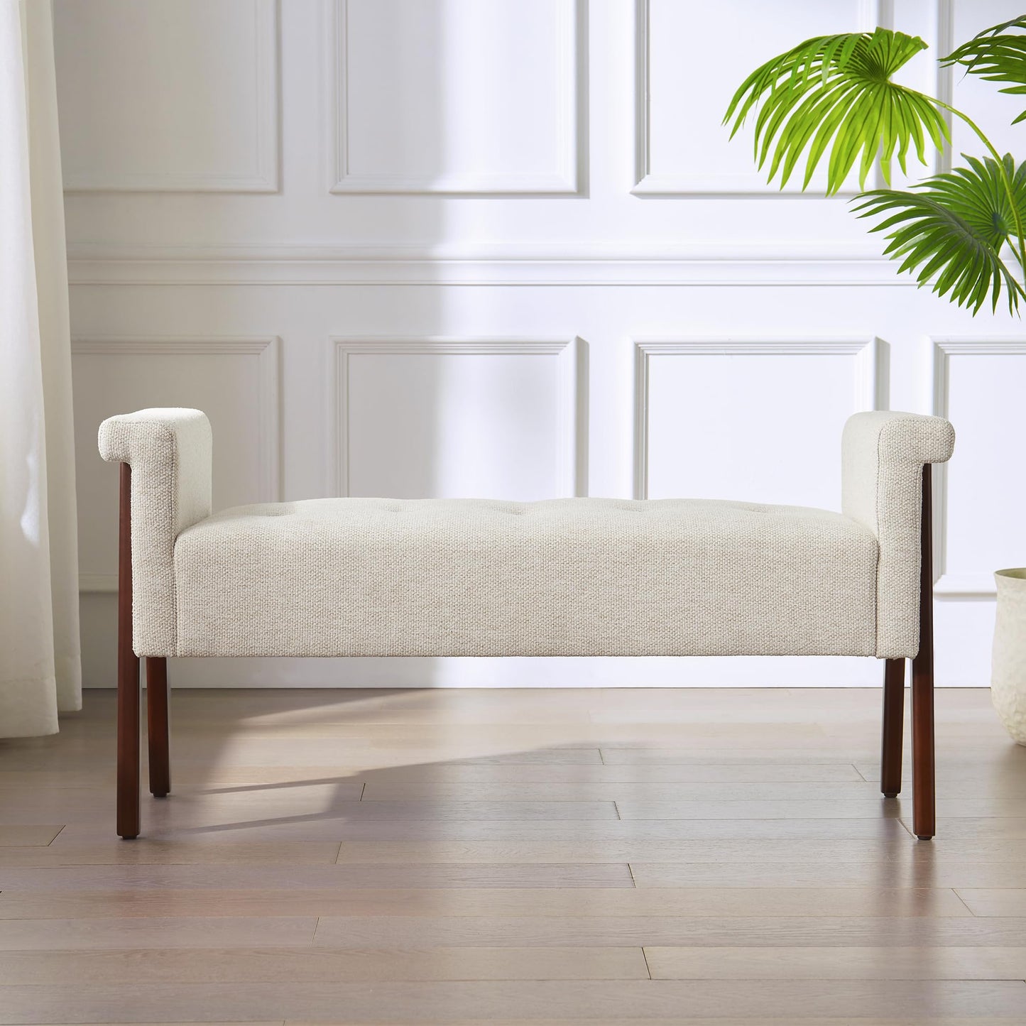 HUIMO Arms End of Bed Bench with Button Tufted Design, Indoor Bcench,Upholstered Entryway Bench and Solid Wood Legs for Bedroom,Hallway,Window Sill(Beige)
