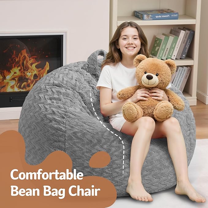 2FT Bean Bag Chair,Giant Bean Bag Chairs for Adults,Big Bean Bags with Memory Foam Filled, Large Beanbag Chairs with Chevron Plush Cover-Grey