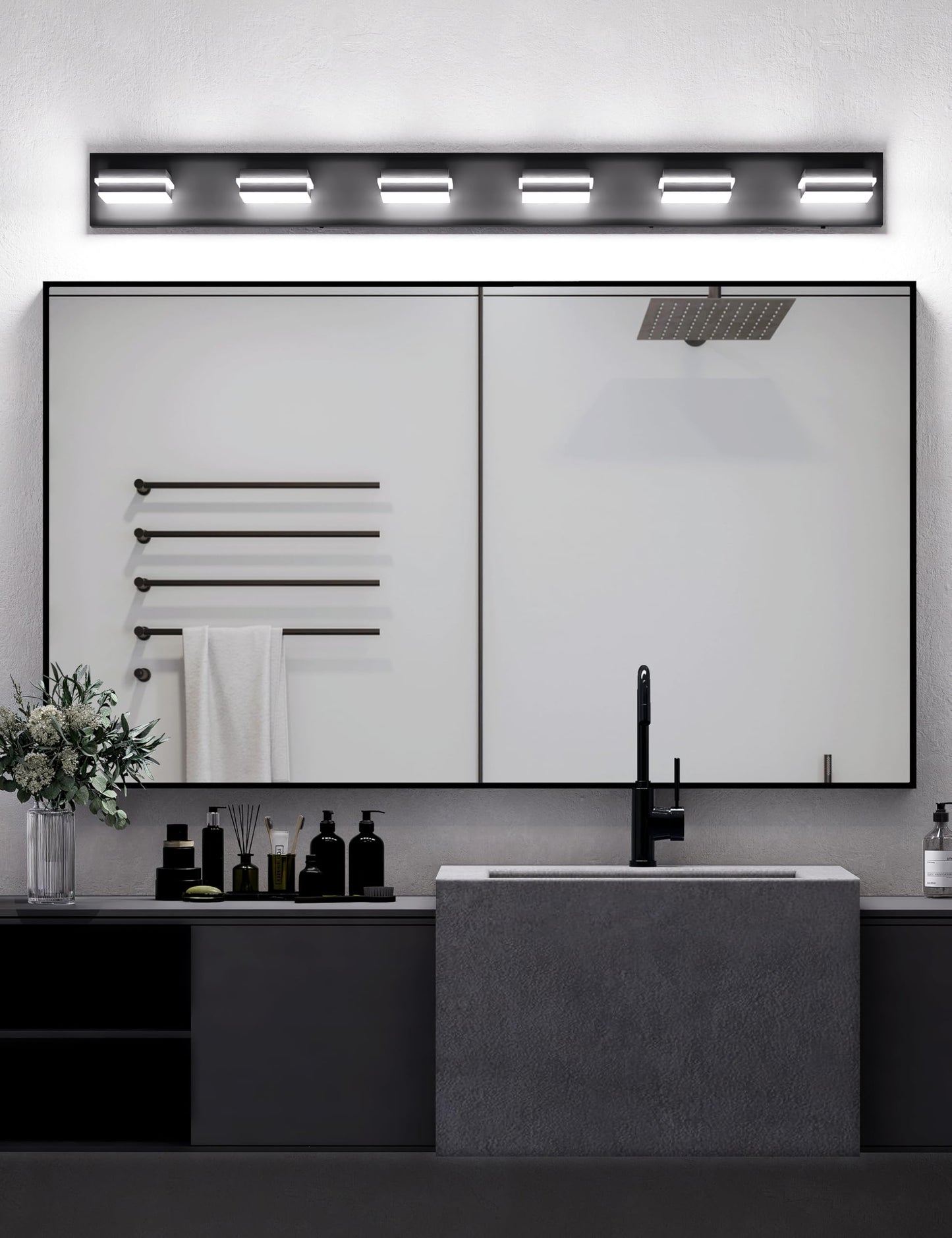 VOLISUN 5CCT Bathroom Light Fixtures Over Mirror, Dimmable, 360°Rotatable Head, 48 inch, 6 Light Bathroom Vanity Light Fixtures, Black LED Vanity Lights for Bathrooms-ETL Certificated