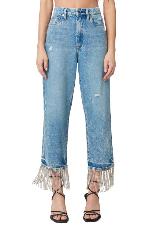 [BLANKNYC] Womens Baxter High Rise Denim Pant with Rhinestone Fringe Jeans, Heart and Soul, 26-27 US
