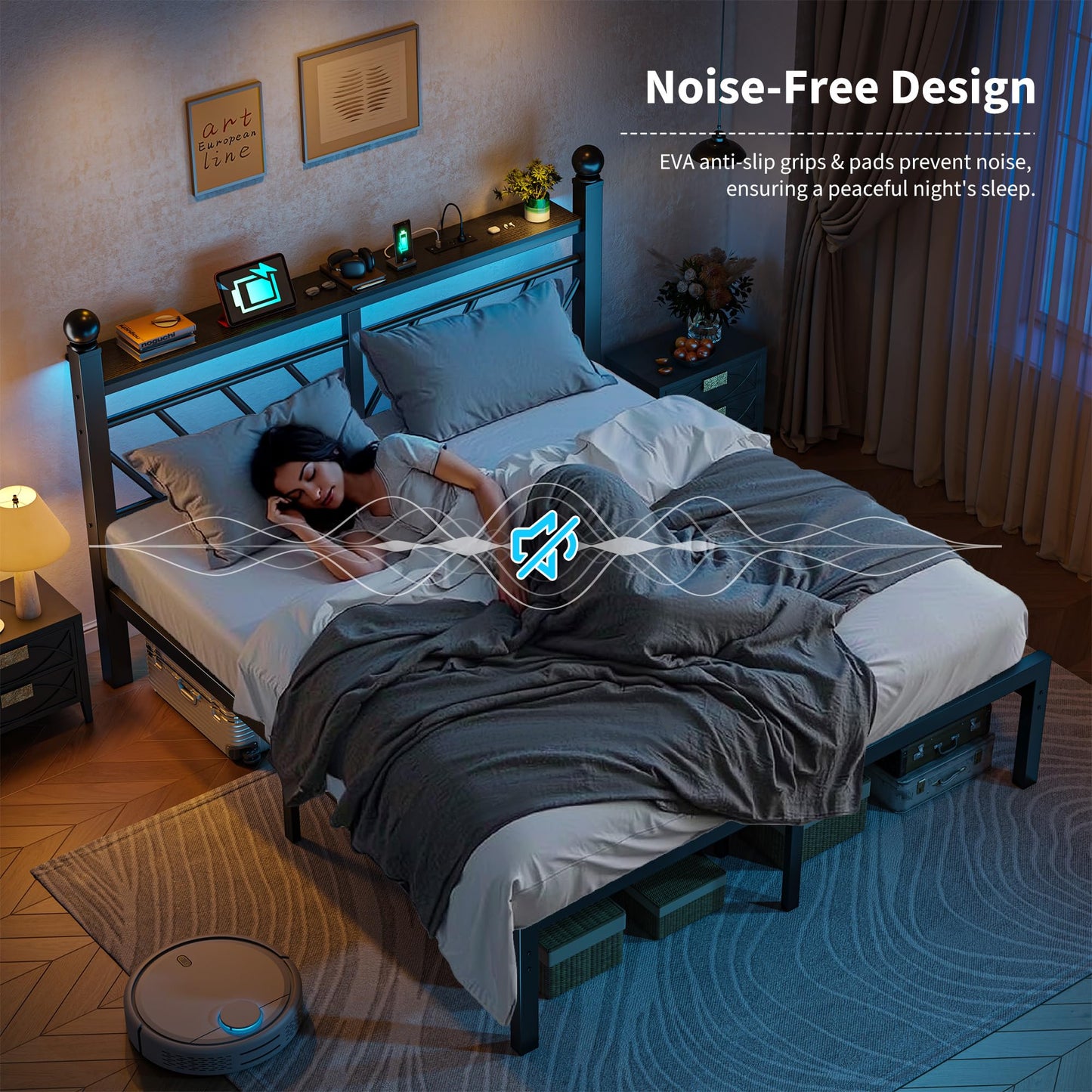 Homkdom Metal Bed Frame Queen Size with LED Lights and Charging Station, Queen Bed Frame with Headboard and Footboard with Storage Shelves and Under Bed Storage, No Box Spring Needed, Noise Free,Black