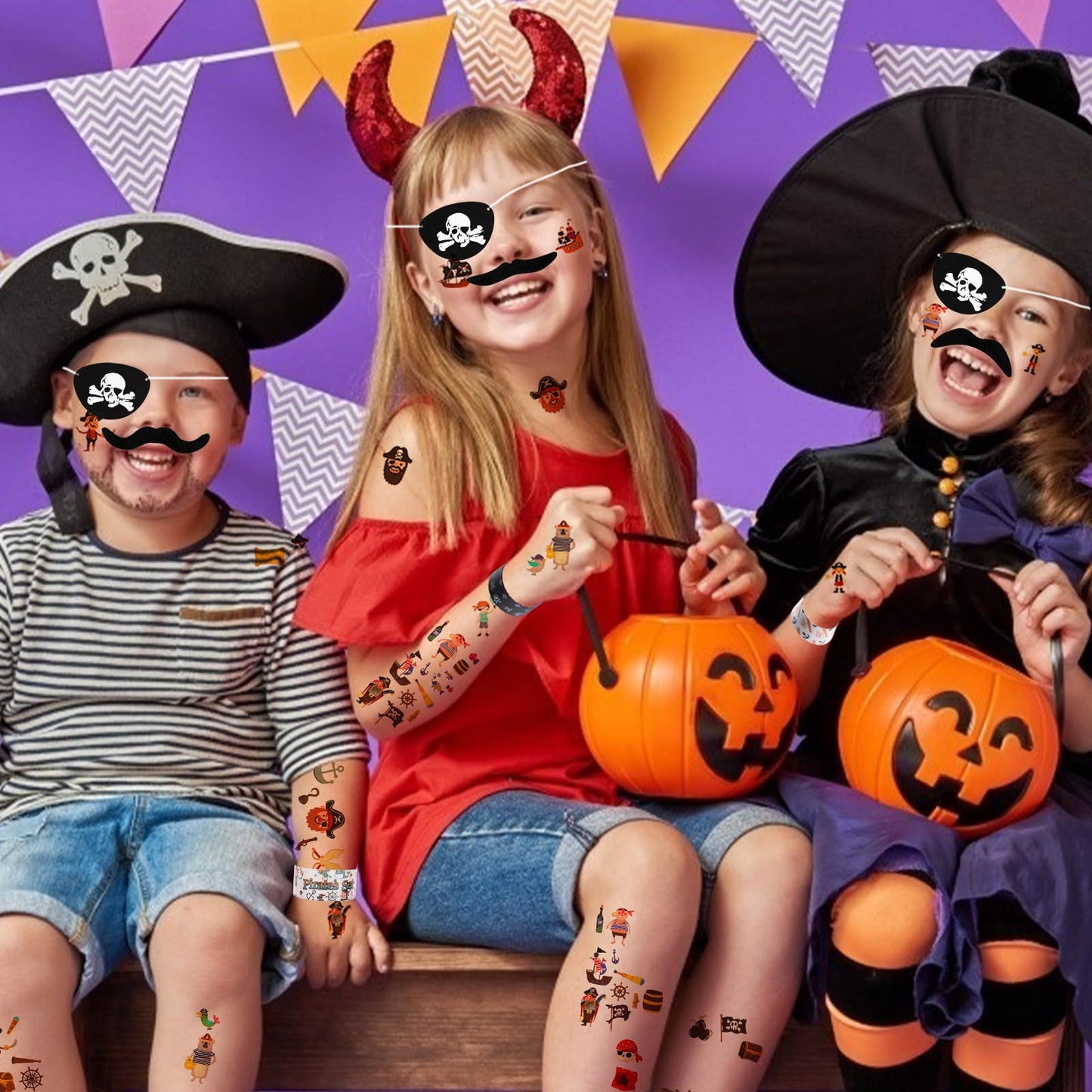 CHRIMISS Pirate Party Favors - 96PCS Supplies with Gold Coins, Gems, Keychains, Bracelets, Eye Patches & Mustache Tattoos for Birthday Party Goodie Bags