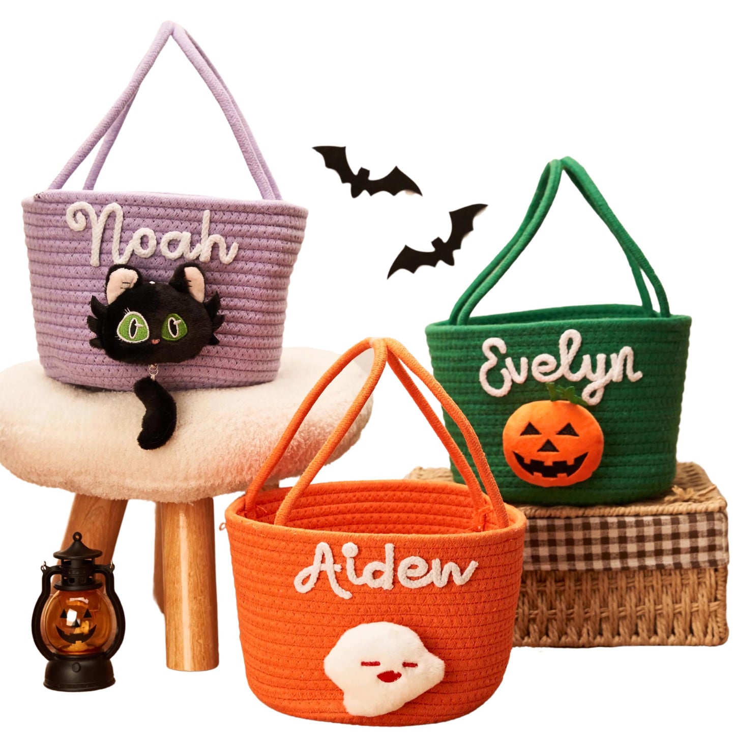 SphonxAi Personalized Halloween Basket, Custom Woven Candy Bag, Trick or Treat Bag with Name, Kid Pumpkin Bucket Ghost Basket