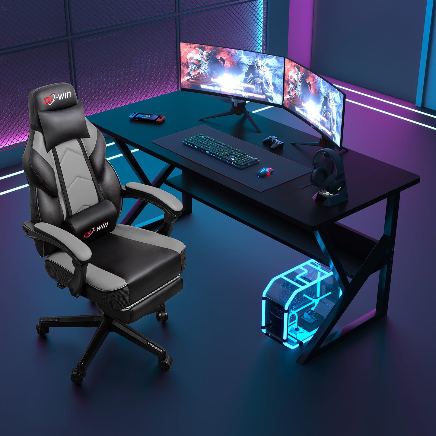 DL-win Gaming Chairs for Adults, Computer Chair with Footrest and High Back, Big and Tall Gamer Chair's with Massage Lumbar Support, 360° Swivel Height Adjustable Gaming Chair, Grey