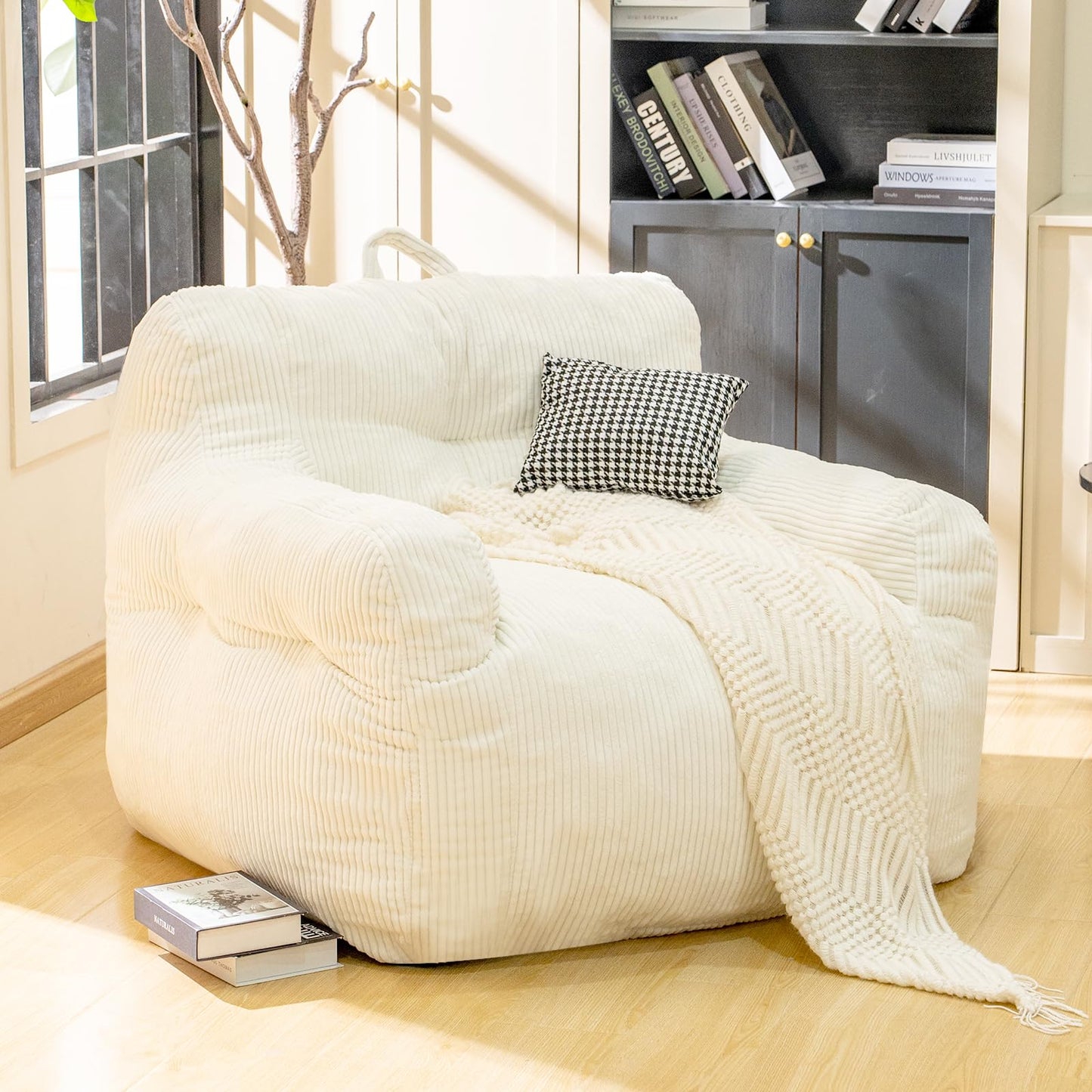 Stmoze Bean Bag Chair for Adults - Faux Fur, Fluffy and Comfy with Filler, Big Sofa for Reading, Gaming (Beige, Oversize)
