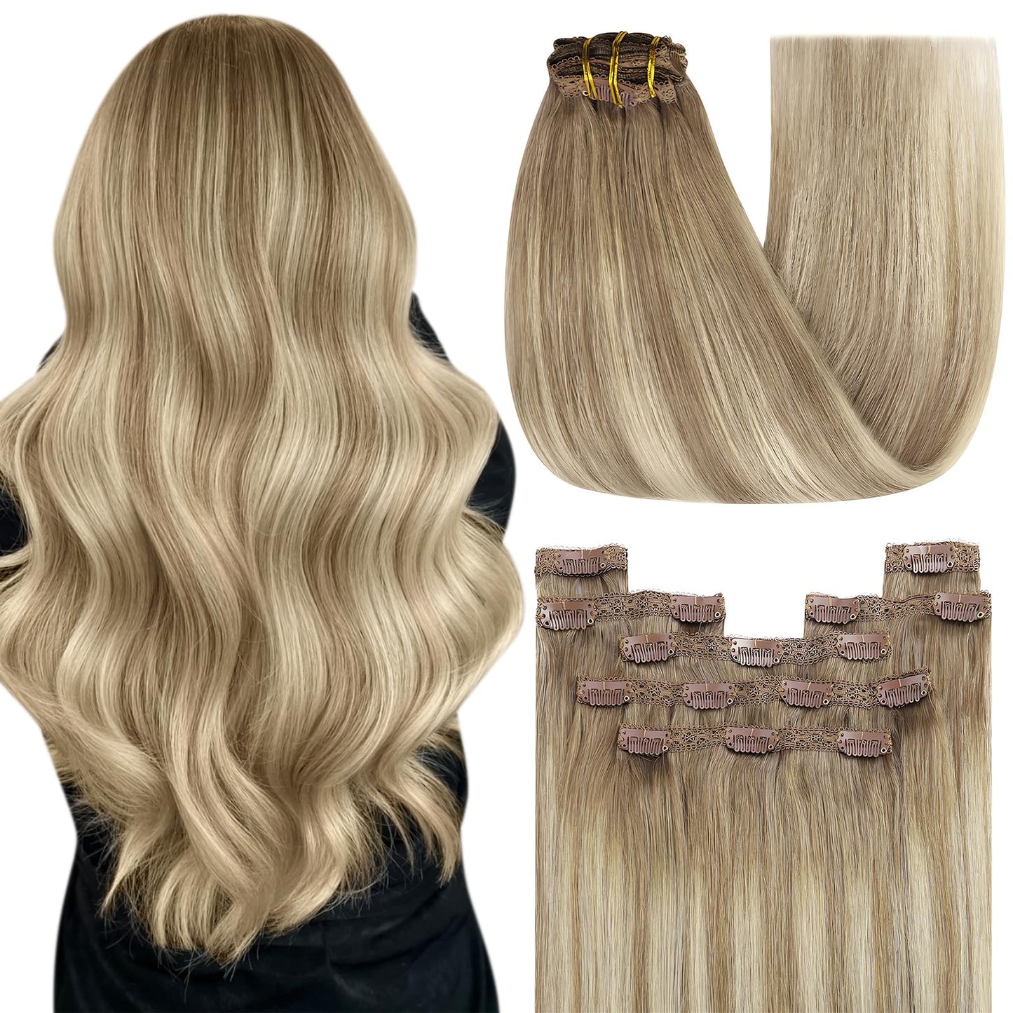 YoungSee Clip in Hair Extensions Real Human Hair Brown Balayage Clip in Extensions Light Brown with Blonde Balayage Hair Extensi