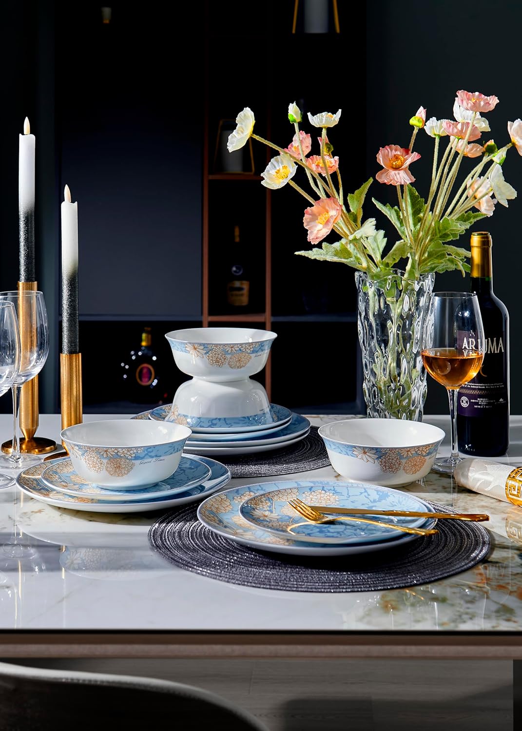 Bone China Plates and Bowels,12-Pieces Dinnerware Sets, Highly Chip and Crack Resistant, Dishwasher & Microwave Safe Dishes Set, Dense and Translucence