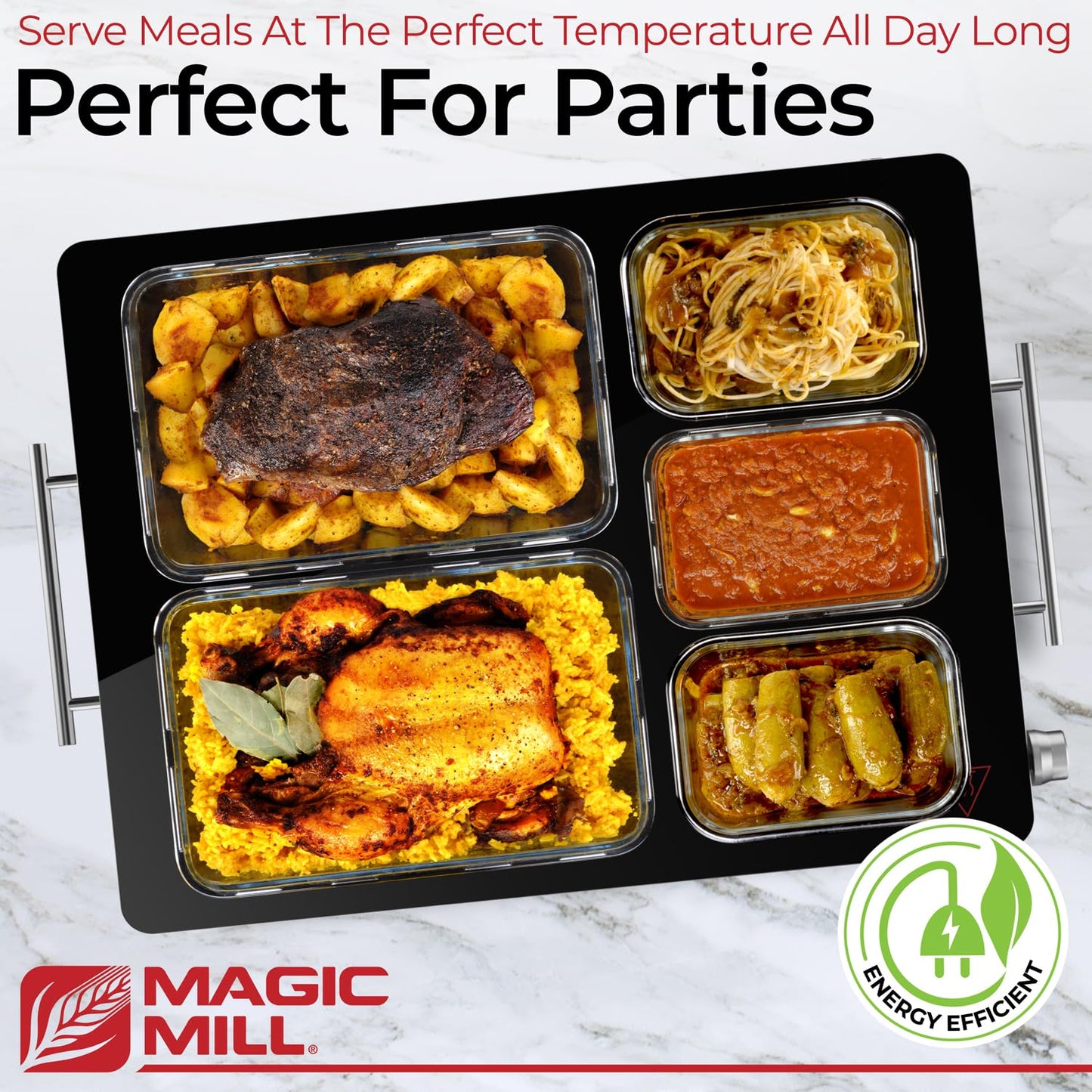 Magic Mill Premium-Grade Glass Food Warmer for Parties Buffet, XL Stainless Steel Modern Electric Warming Tray, Adjustable Temperature Control, Advanced Precision-Engineered Heating System Size-21x16