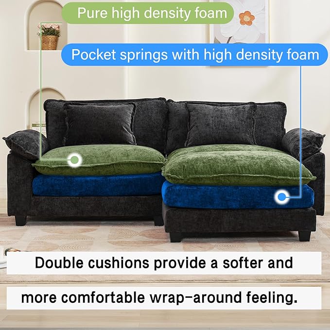 Oprisen 86" Modular Sectional Sofa, Comfy Cloud Couch Sectional Sofa with Ottoman, Chenille Sofa Sleeper Deep Seat Sofa with Throw Pillows for Living Room (Black, 86"- L Shape)