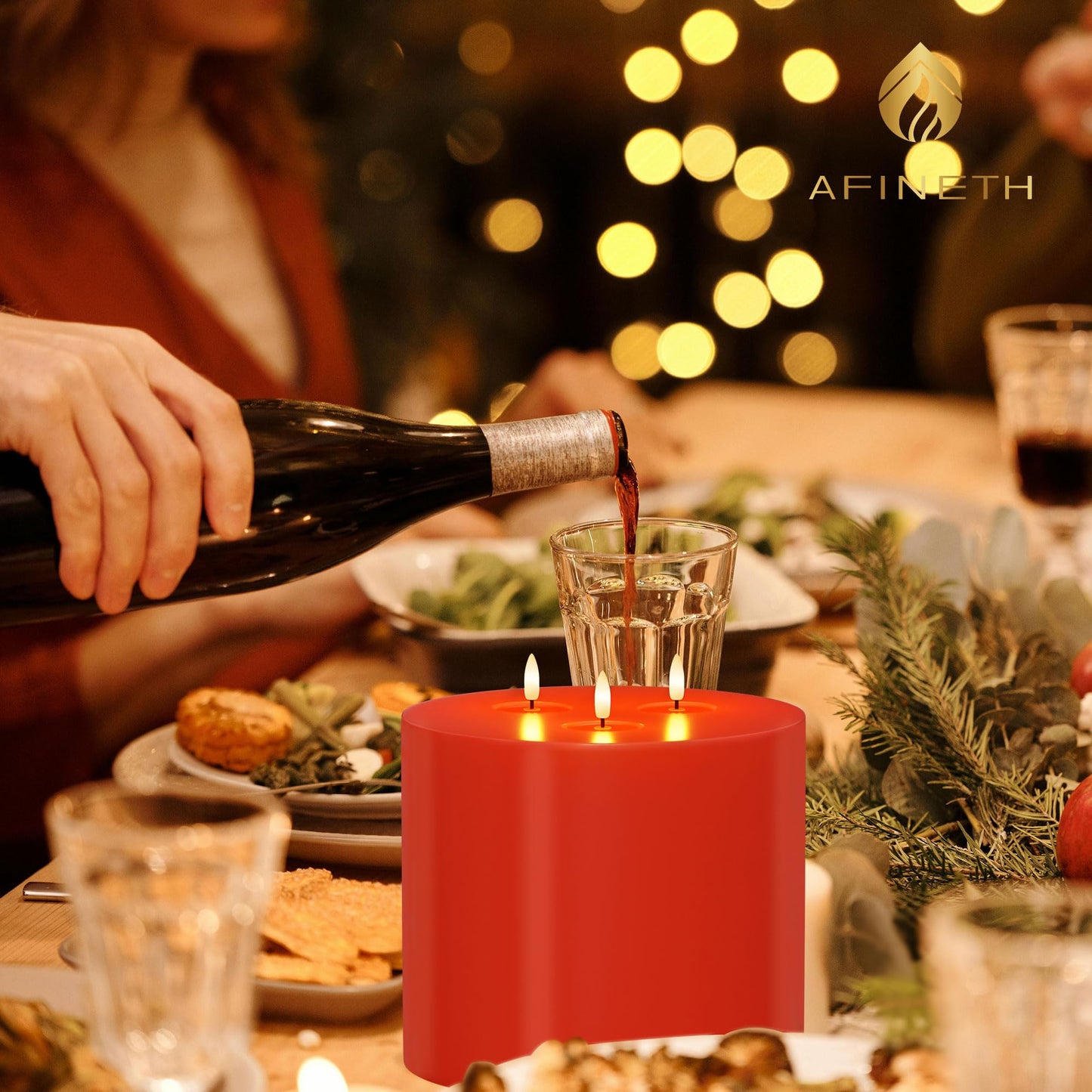 AFINETH Extra Large Red Flameless Candles with Remote, 6"x6" Real Wax Christmas LED Candles with 3 Wicks, Battery Operated Flickering Fake Candle for Xmas, Home, Party Decor