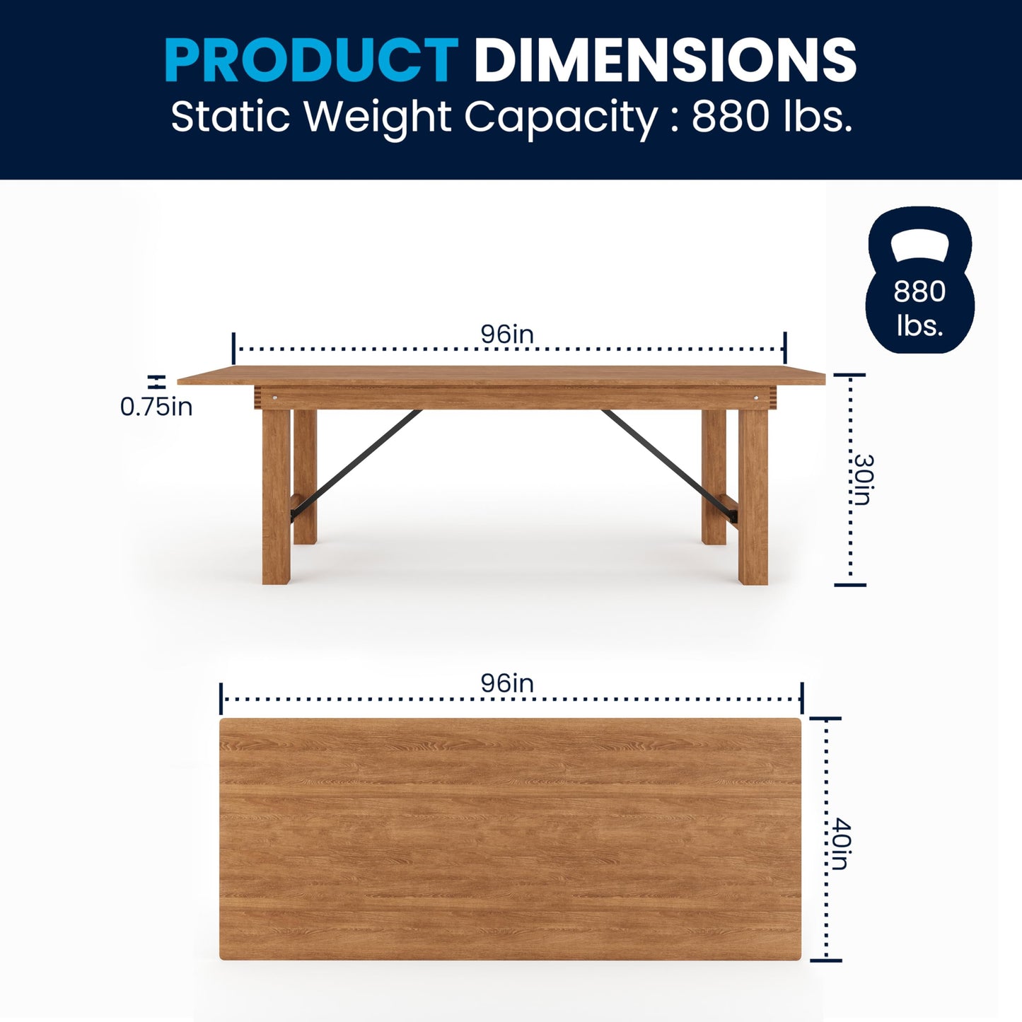 Flash Furniture Hercules Series 8' x 40" Rustic Solid Pine Folding Dining Table, Rectangular Antique Farmhouse Dining and Event Extension Table