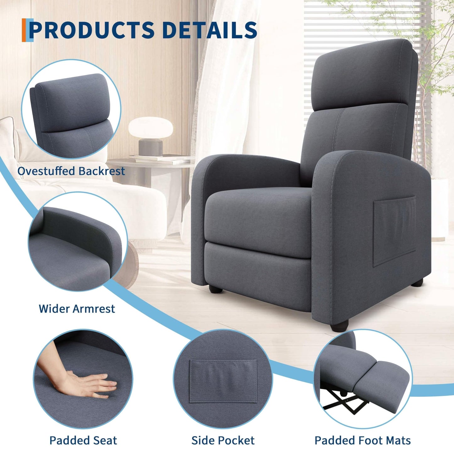 Garvee Recliner Chair for Adults, Leather Lazy Recliner Ergonomic Adjustable Single Sofa Enhanced with Side Pocket, Tall Back, Wide Arms & Padded Seat, Home Theater Seating for Living Room, Grey