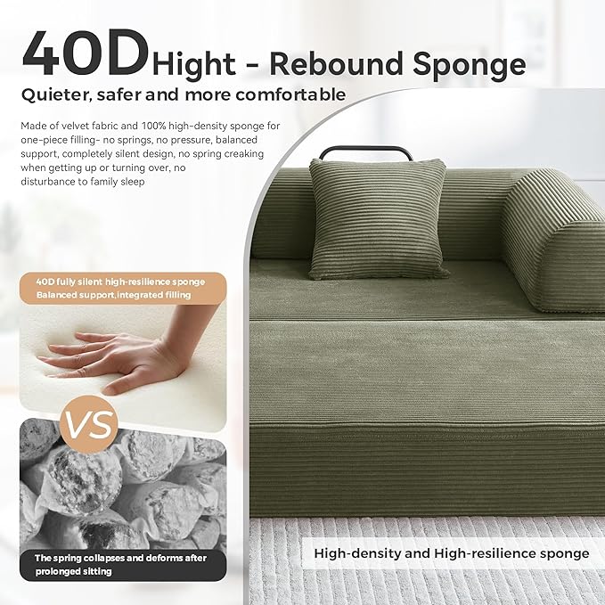 ZQRhome 79" 5-in-1 Convertible Sofa Bed, Luxe Comfort Sleeper with Sturdy Frame, No Assembly Corduroy Couch for Living Room, Apartment & Relaxation, Light Green