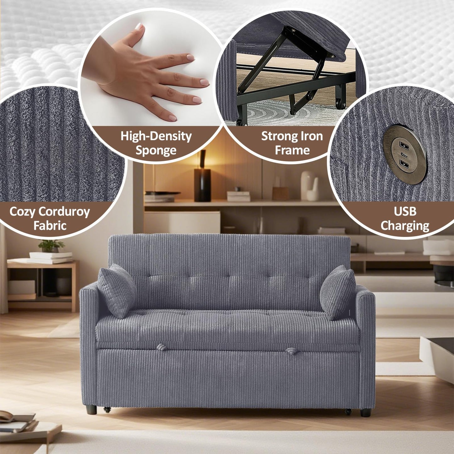 UXENAFANA Sofa Bed, Loveseat 3-in-1 Sleeper Sofa with Pull Out Bed, Pockets and USB, Modern 2 Seater Convertible Small Couch for Living Room Bedroom Apartment (Gray, Corduroy)