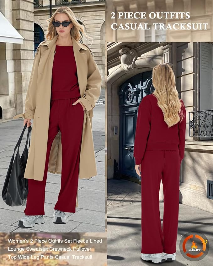 Sweetyweee Women's 2 Piece Outfits Set Fleece Lined Lounge Sweatsuit Crewneck Pullover Top Wide Leg Pants Casual Tracksuit