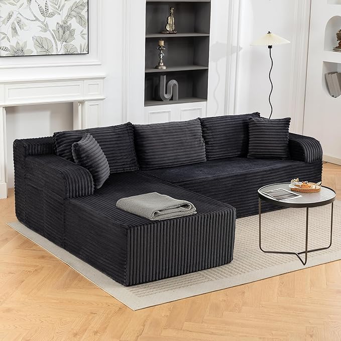 TonghuaS 106” Cloud Modular Sectional Sofa with L-Shape Chaise and Deep Seat, Corduroy Memory Foam Boneless Compressed Couch for Living Room, No Assembly Required(Left Facing Chaise, Dark Grey)