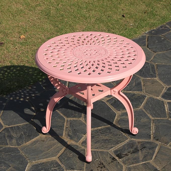 WILOUNGE Cast Aluminum Outdoor Side Table,Small Patio Table,Outdoor Coffee Tables for Patio,Garden,Balcony, for All Weather(Pink, Round)