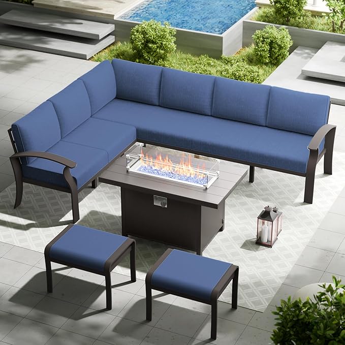 RTDTD Aluminum Outdoor Patio Furniture Set,8 Seats Patio Conversation Sets with 45" Propane Fire Pit Table,Metal Patio Sectional Furniture Set with Ottomans,Navy Blue