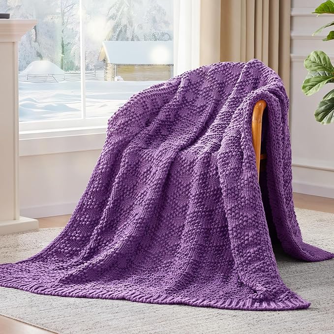 Knitted Weighted Blanket for Adult, Chunky Knit Weighted Throw for Sleep 60"*80" 15lbs, Cooling Breathable Machine Washable Heavy Blanket for Room Decor (Purple, Queen)