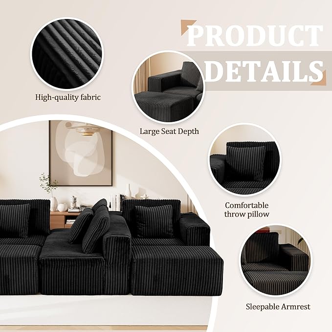 SEENYOO 132" U Shaped Modular Sofa, 4-Seater Sectional Cloud Couch with Chaise, Soft Corduroy Boneless for Living Room, No Assembly Required, Free Configuration, Black