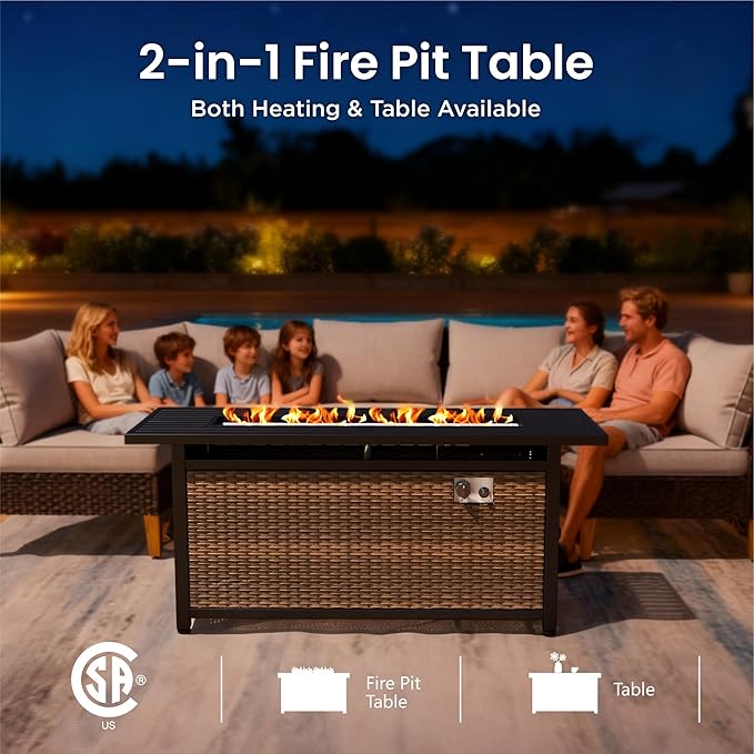 PHI VILLA Half Moon Patio Furniture Set with 56" Fire Pit Table, Outdoor Curved Wicker Sectional Sofa with Cushions and Ottomans, Beige